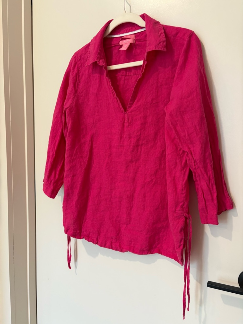 Isaac Mizrahi 100% Linen Fuchsia Pink V-Neck Collared Shirt Summer M - Picture 5 of 11